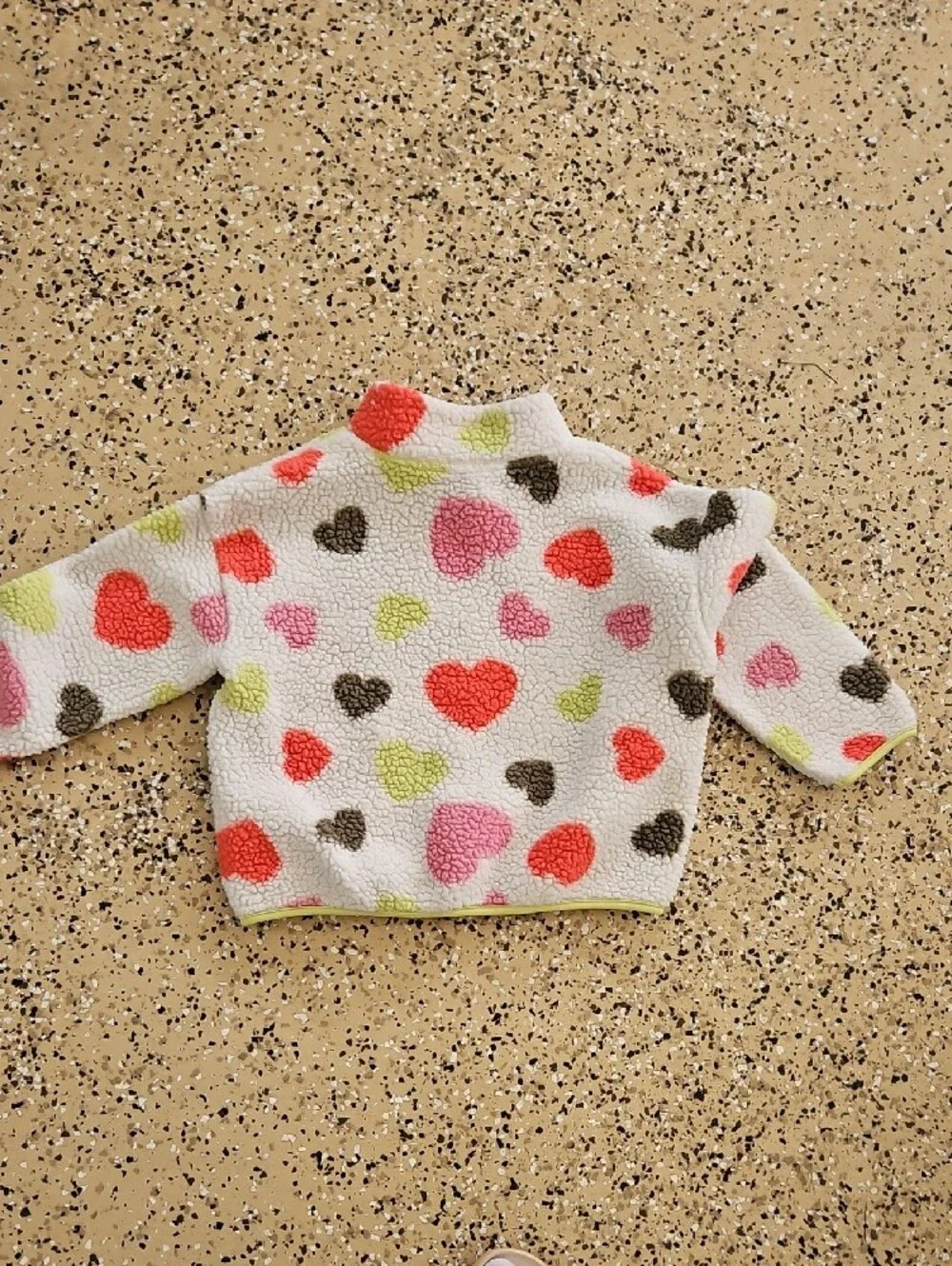 Old Navy White Sherpa Jacket with Pink, Red, Green & Brown Hearts